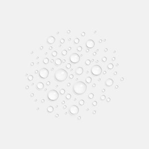 Clear water droplets scattered on a white background symbolizing hydration and protection features of Solar Defense Body SPF30 | HydroPeptide skincare product.
