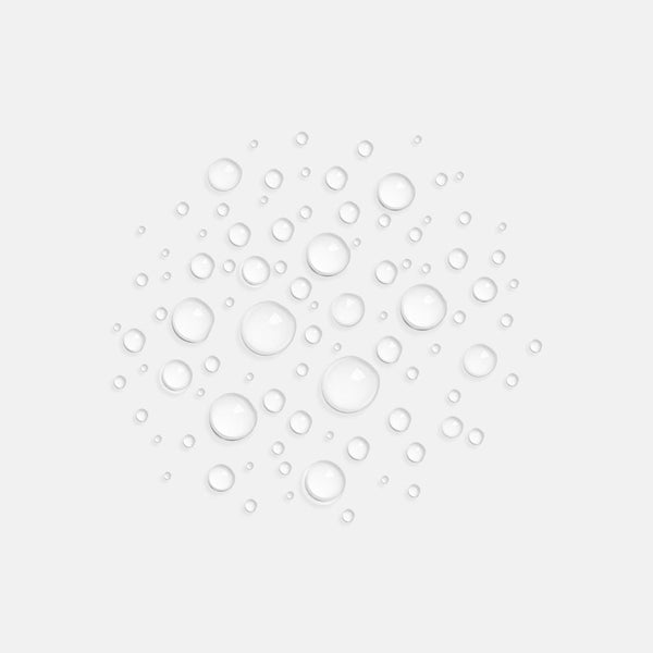 Clear water droplets scattered on a white background symbolizing hydration and protection features of Solar Defense Body SPF30 | HydroPeptide skincare product.
