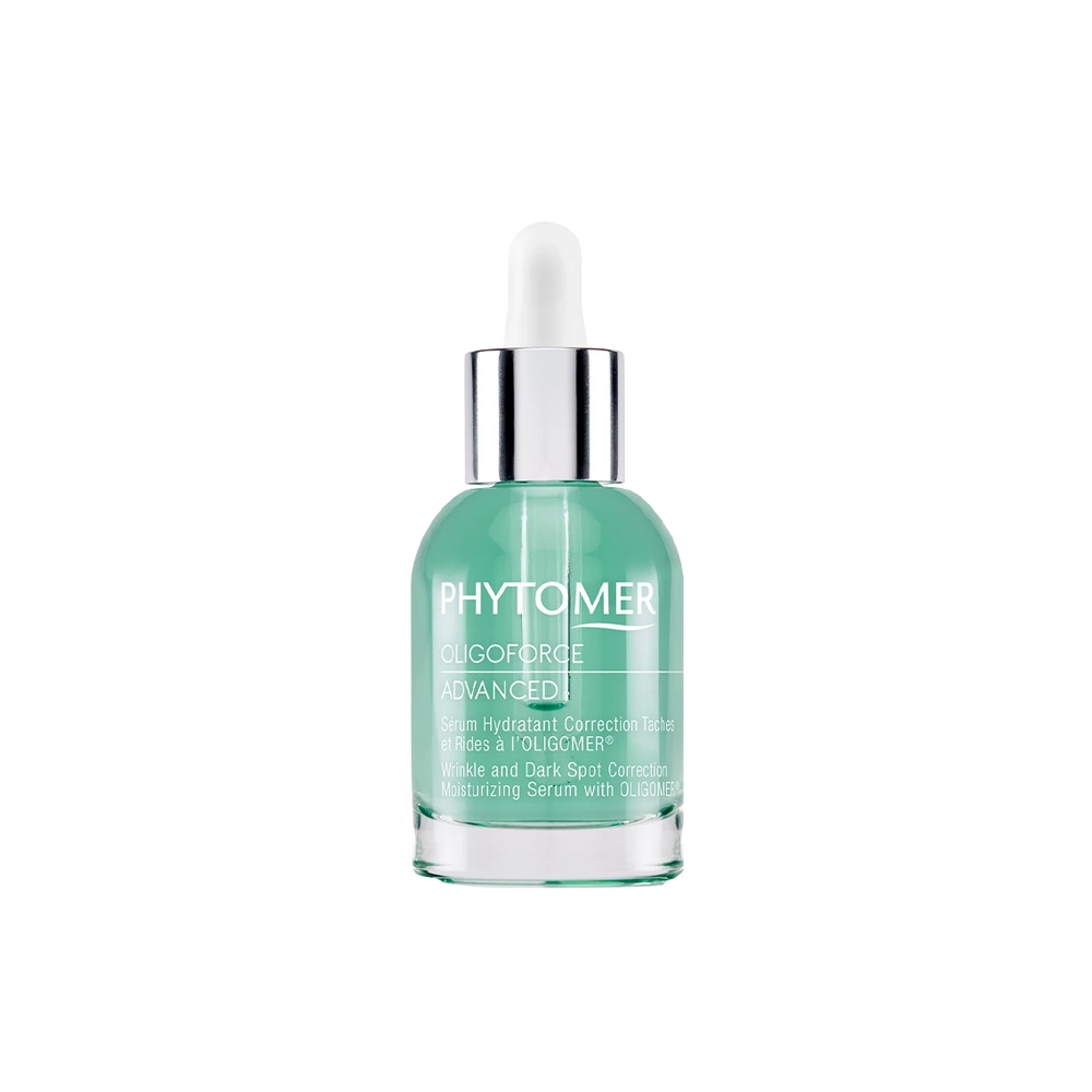 Clear glass dropper bottle containing green moisturizing serum labeled Oligoforce Advanced Wrinkle & Dark Spot Correction Moisturizing Serum with Oligomer | Phytomer for skincare and anti-aging benefits.