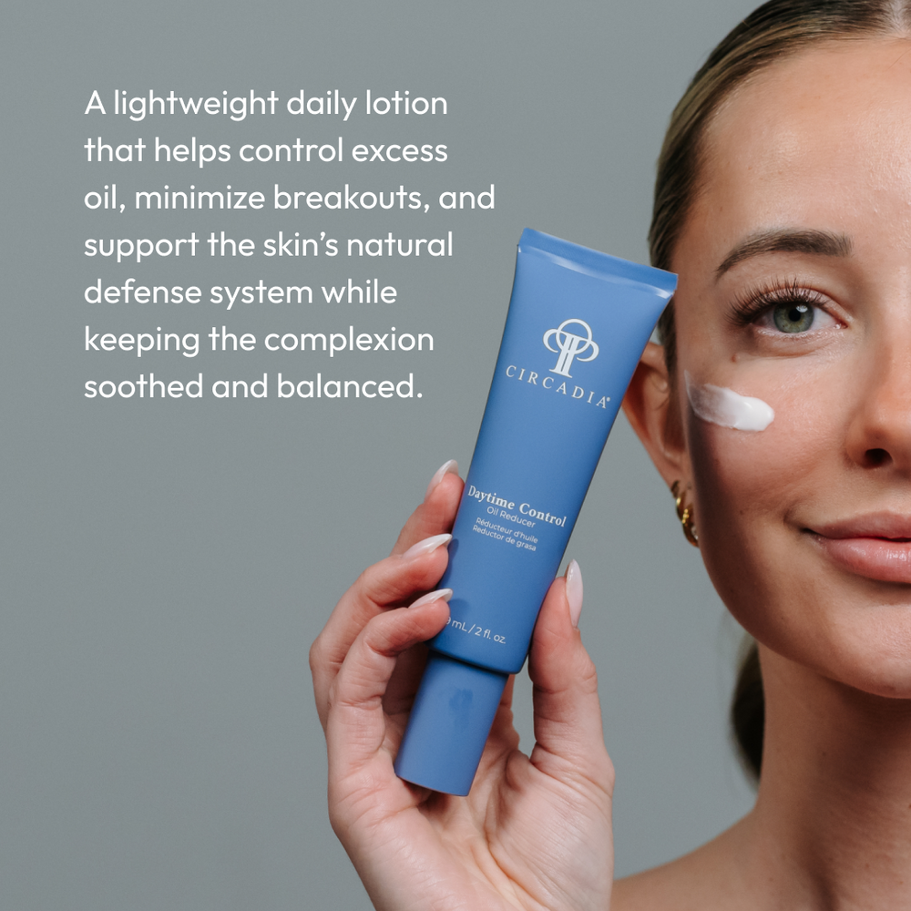 Blue tube of Daytime Control Oil Reducer Circadia skincare product standing upright on a white background.