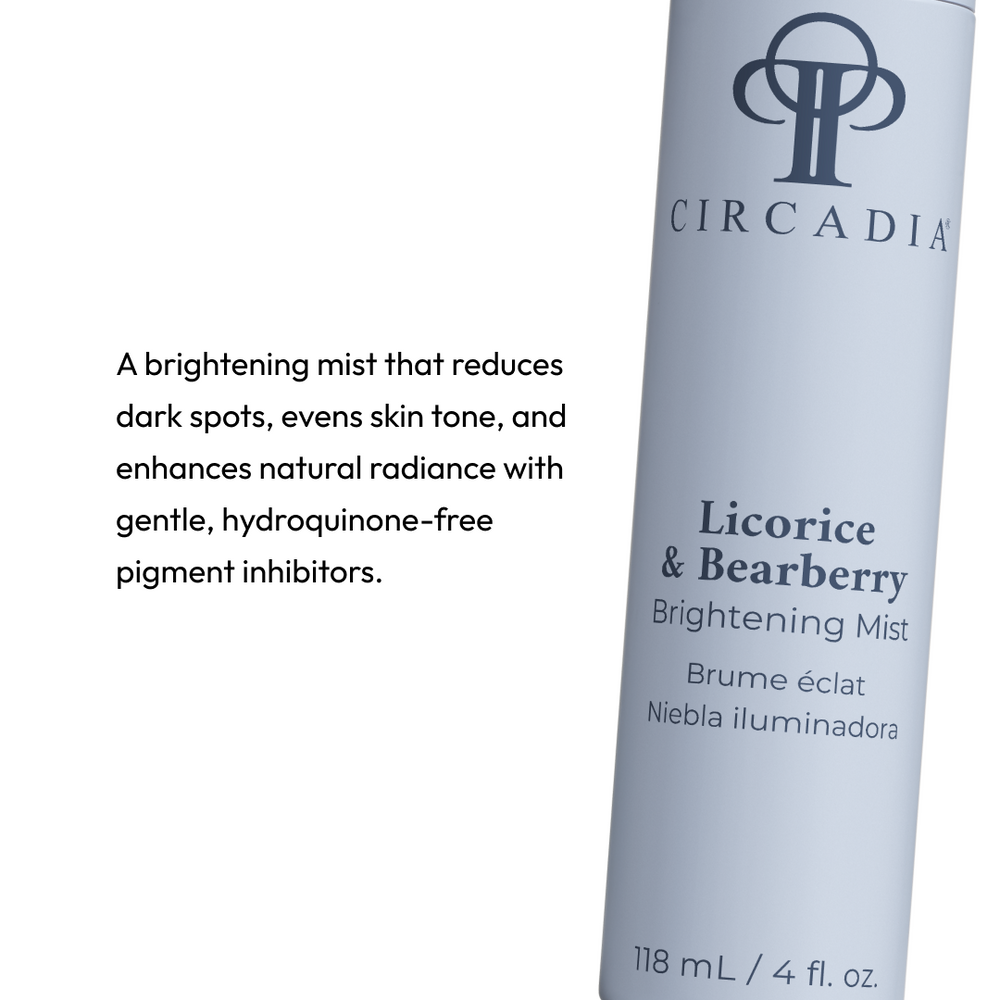 A sleek light blue bottle of Licorice & Bearberry Brightening Mist | Circadia skincare product designed for refreshing and brightening the skin.