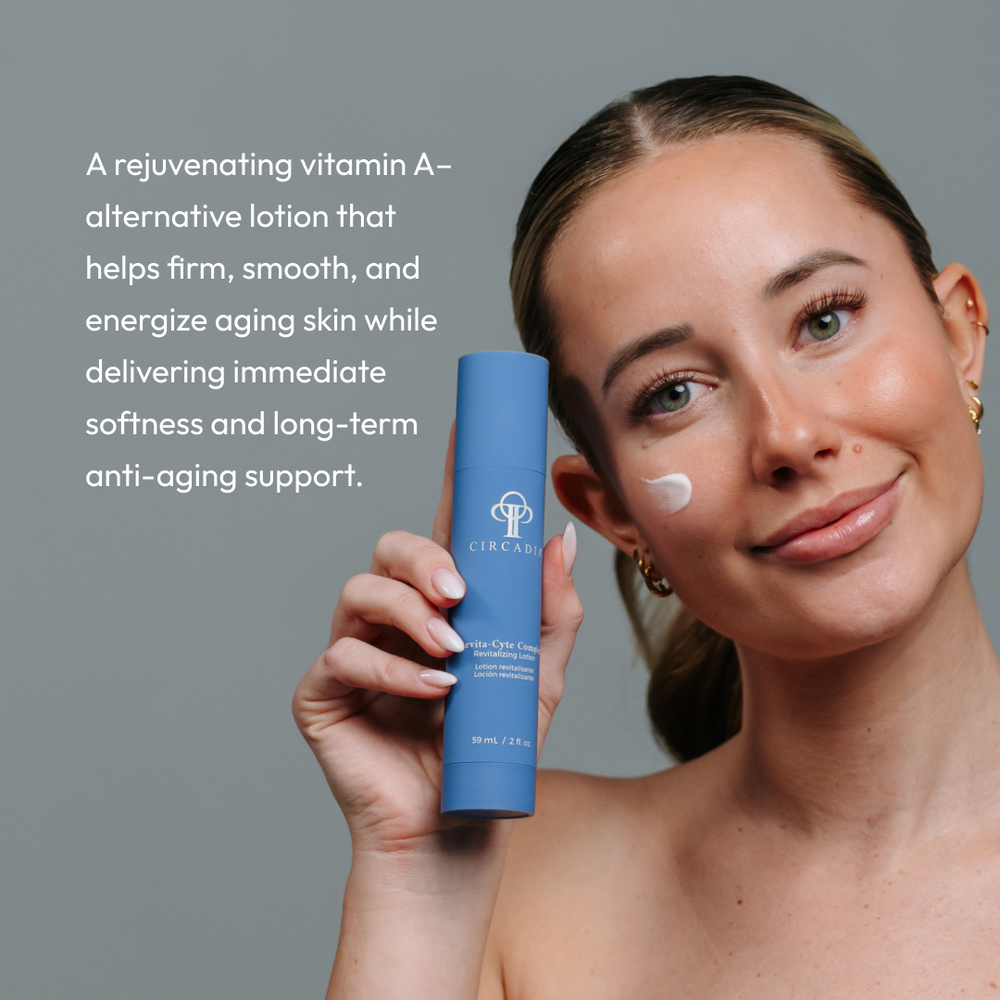 Blue cylindrical bottle of Revita-Cyte Complex | Circadia revitalizing lotion for skincare, designed to improve skin health and vitality.