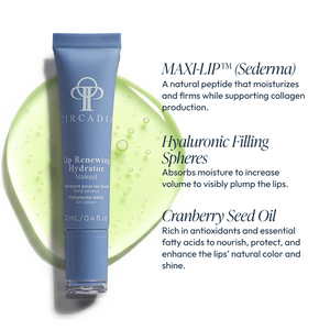 Blue tube of Lip Renewing Hydrator - Naked | Circadia resting on a green gel background with text highlighting ingredients MAXI-LIP peptide, hyaluronic filling spheres, and cranberry seed oil for lip hydration and plumping.