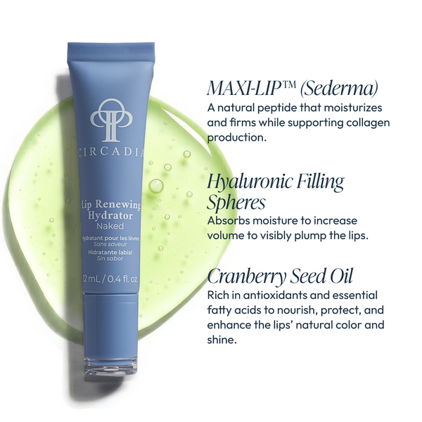 Blue tube of Lip Renewing Hydrator - Naked | Circadia resting on a green gel background with text highlighting ingredients MAXI-LIP peptide, hyaluronic filling spheres, and cranberry seed oil for lip hydration and plumping.