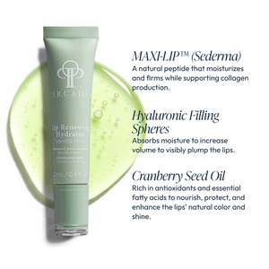 Lip Renewing Hydrator - Vanilla Mint | Circadia tube in light green with product benefits text describing moisturizing peptides, hyaluronic filling spheres for plumping, and cranberry seed oil for nourishment and shine.