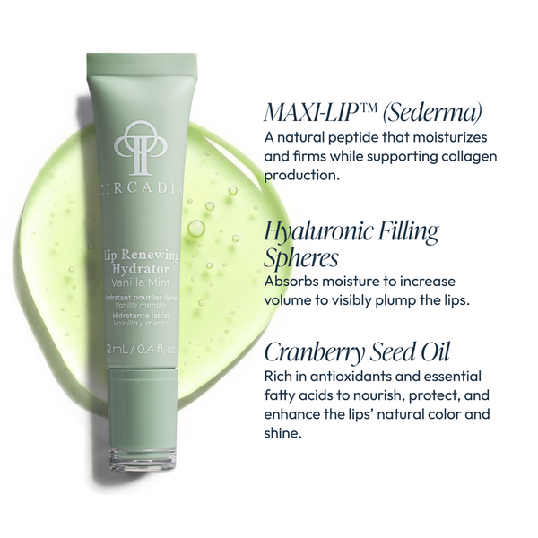 Lip Renewing Hydrator - Vanilla Mint | Circadia tube in light green with product benefits text describing moisturizing peptides, hyaluronic filling spheres for plumping, and cranberry seed oil for nourishment and shine.