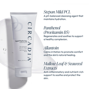 Tube of Lipid Replacing Cleansing Gel | Circadia placed next to text outlining its key skincare ingredients like Stepan Mild PCL, Panthenol, Allantoin, and Mallow Leaf & Seaweed Extracts.