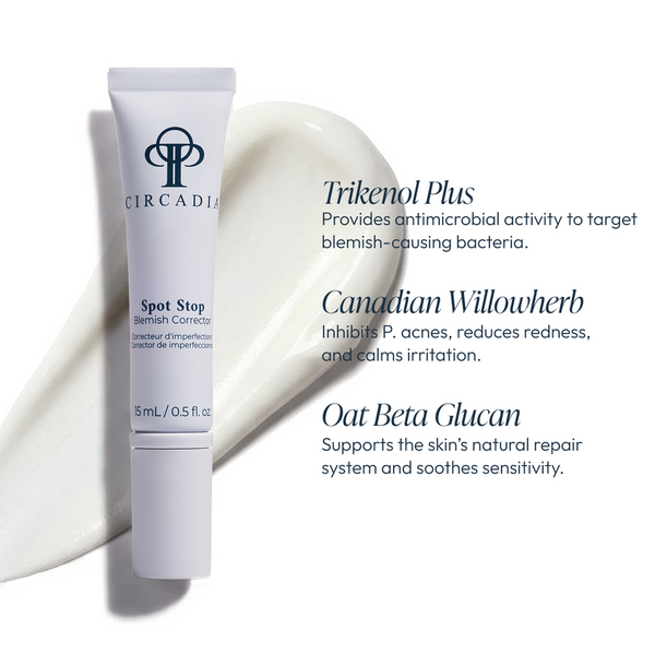 Tube of Spot Stop Blemish Corrector | Circadia skincare product with white cream swatch and text highlighting key ingredients for soothing and repairing blemishes.