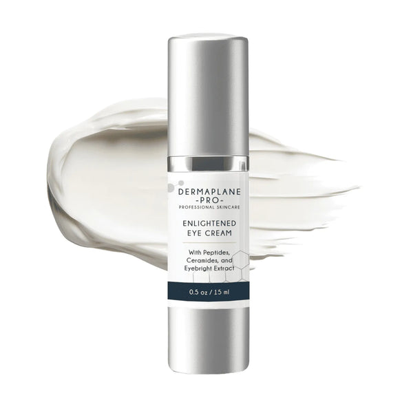 Enlightened Eye Cream | DermaplanePro bottle in silver packaging with smooth cream texture background, showcasing skincare product for revitalizing the eye area.