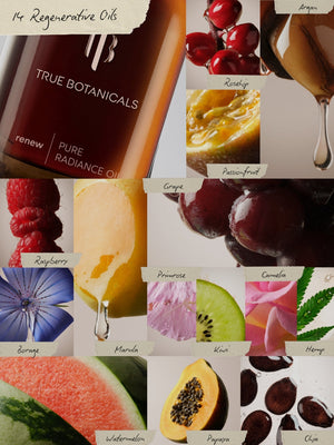 Close-up of a bottle of Renew Pure Radiance Oil | True Botanicals surrounded by images of natural ingredients like raspberry, passionfruit, argan oil, and chia seeds highlighting skincare and wellness.