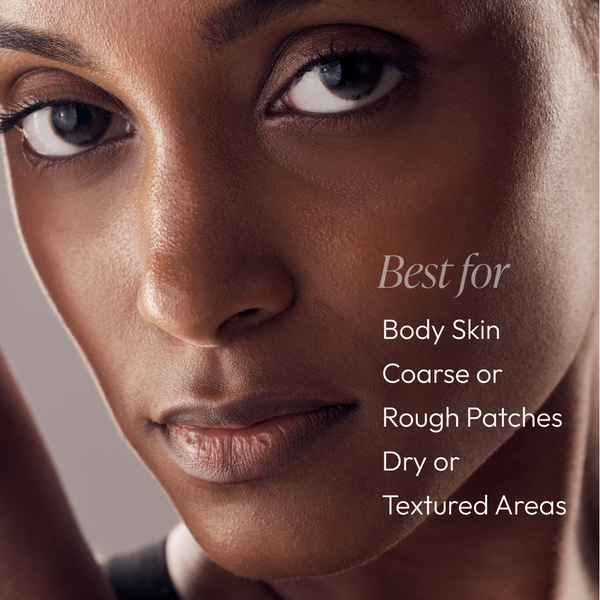 Close-up portrait of a woman with smooth skin next to text highlighting benefits for body skin, coarse or rough patches, and dry or textured areas, promoting Blue Bamboo Exfoliator for Body | Circadia.