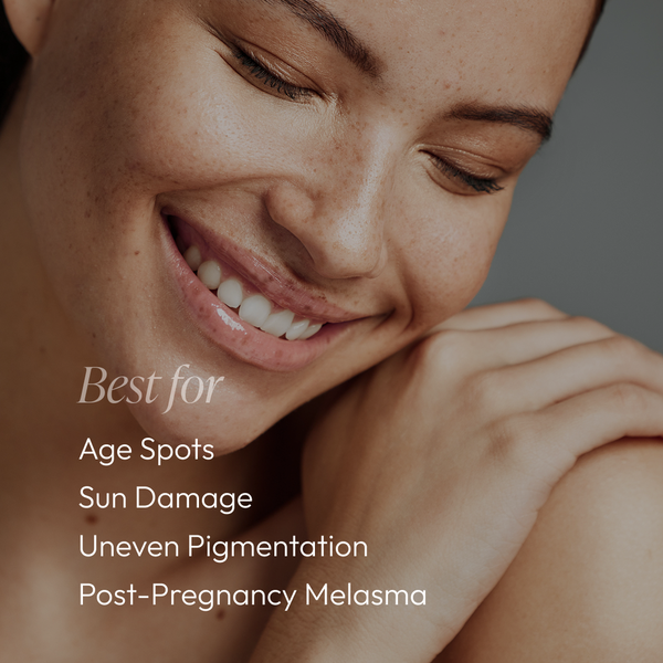 Smiling woman with clear skin showcasing benefits of Radiant Veil Brightener (formerly White Veil Brightener) | Circadia for age spots, sun damage, uneven pigmentation, and post-pregnancy melasma.