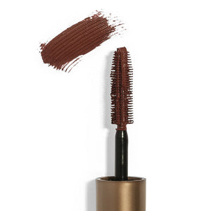 Drama & Shade Mini Mascara Set | Chella brown mascara wand with rich swatch of deep burgundy color on a white background.
