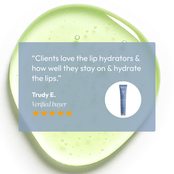 Customer review highlighting the long-lasting hydration and effectiveness of Lip Renewing Hydrator - Naked | Circadia against a green gel texture background.