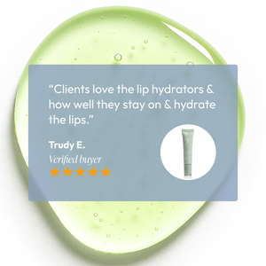 Customer testimonial praising the Lip Renewing Hydrator - Vanilla Mint | Circadia for its long-lasting hydration and effective lip care, with a subtle green gel background.