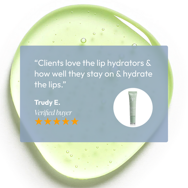 Customer testimonial praising the Lip Renewing Hydrator - Vanilla Mint | Circadia for its long-lasting hydration and effective lip care, with a subtle green gel background.