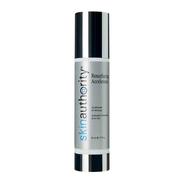 Bottle of Resurfacing Accelerator | Skin Authority skincare product with silver and black design for skin rejuvenation and renewal.