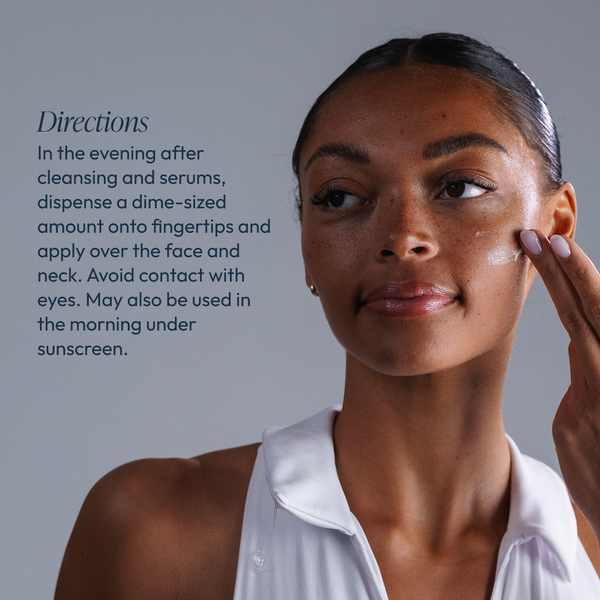 Woman applying Radiant Veil Brightener (formerly White Veil Brightener) | Circadia to her face demonstrating evening skincare routine directions for skincare and body care.