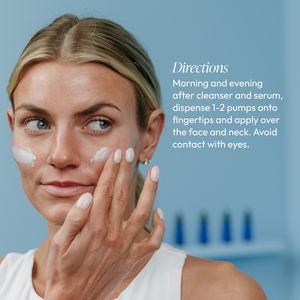 Woman applying Tranquili-Cream | Circadia calming lotion to her face with text instructions on using 1-2 pumps morning and evening after cleanser and serum, avoiding eyes.