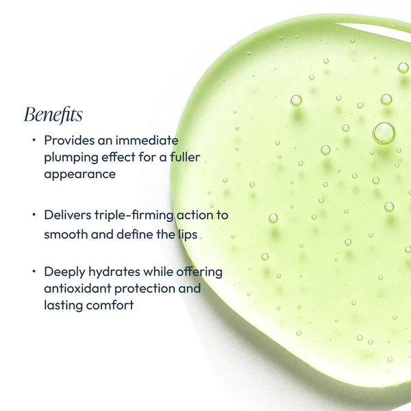 Close-up of a clear gel with bubbles highlighting skincare benefits providing plumping, firming, hydration, and antioxidant protection for lips, featuring Lip Renewing Hydrator - Naked | Circadia.