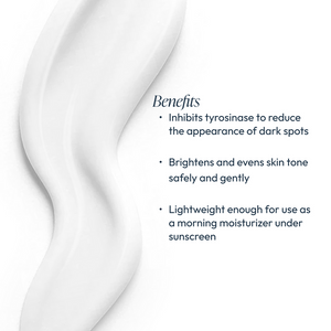 Smooth white cream texture beside text listing benefits of Radiant Veil Brightener (formerly White Veil Brightener) | Circadia, highlighting its skin-brightening and moisturizing properties.