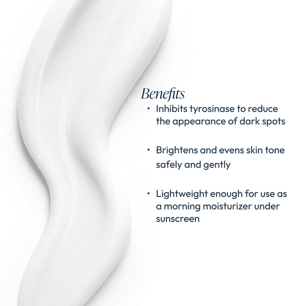 Smooth white cream texture beside text listing benefits of Radiant Veil Brightener (formerly White Veil Brightener) | Circadia, highlighting its skin-brightening and moisturizing properties.