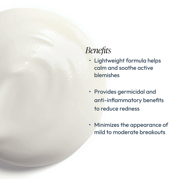 Close-up of creamy skincare product texture accompanied by text highlighting benefits of Spot Stop Blemish Corrector | Circadia, including calming active blemishes, germicidal and anti-inflammatory effects, and minimizing mild to moderate breakouts.
