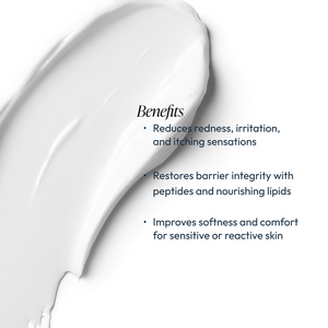 Close-up of a smooth white cream texture with text highlighting benefits of Tranquili-Cream | Circadia, promoting reduced redness, restored skin barrier, and improved softness for sensitive skin.