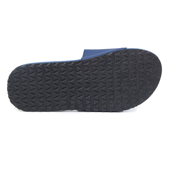 Black textured sole of a Spa/Shower Slide | Feelgoodz with blue upper strap, designed for comfort and slip resistance in wet environments.