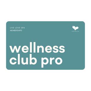 Wellness Club Pro Annual Membership card from Live Love Spa featuring a clean design with bold white text on a teal background promoting exclusive skincare, body care, and wellness supplements.