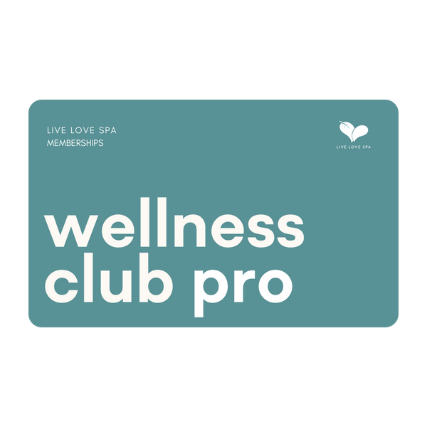 Wellness Club Pro Annual Membership card from Live Love Spa featuring a clean design with bold white text on a teal background promoting exclusive skincare, body care, and wellness supplements.