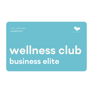 Light blue membership card displaying "wellness club business elite" in white text for Wellness Club Business Elite Annual Membership by Live Love Spa.