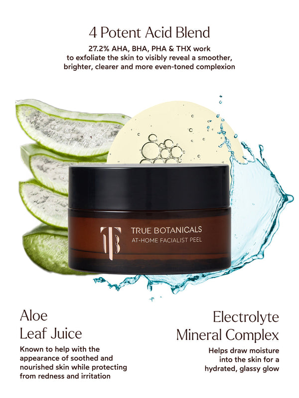 Jar of At-Home Facialist Peel | True Botanicals with illustrations of aloe leaf, water splash, and text highlighting exfoliating acids, soothing aloe leaf juice, and hydrating electrolyte mineral complex.