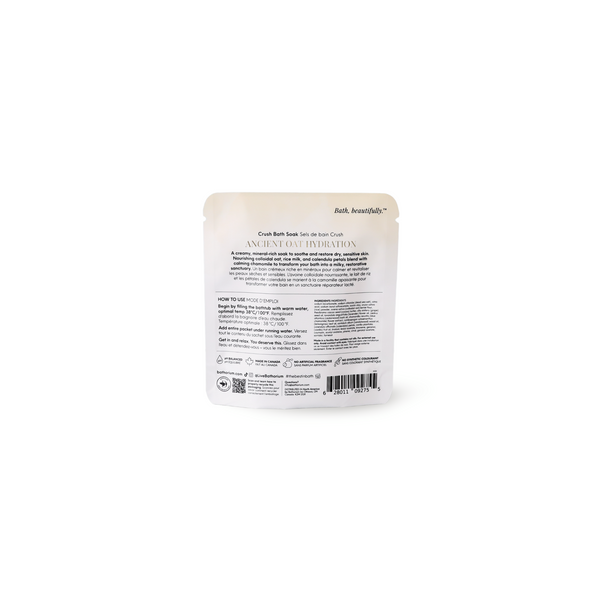 Ancient Oat Hydration Crush 120g/4oz| Bathorium pouch shown from the back with ingredients, directions, and product information for bath and body care