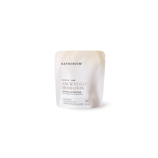 Ancient Oat Hydration Crush 120g/4oz| Bathorium pouch of soothing crush bath soak for skincare and body care on a white background