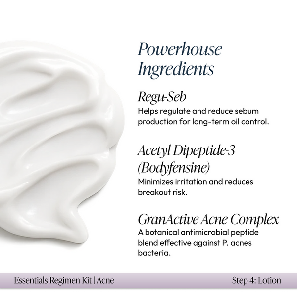 Close-up of white lotion texture beside text describing powerhouse ingredients in Acne Regimen Bundle | Circadia, highlighting Regu-Seb, Acetyl Dipeptide-3, and GranActive Acne Complex for skincare benefits.