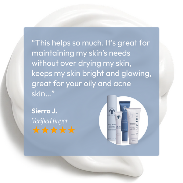 Customer review highlighting the benefits of Acne Regimen Bundle | Circadia for maintaining bright, glowing skin without dryness, shown with product image and five-star rating.