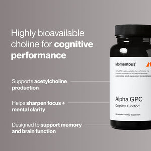 Bottle of Alpha GPC dietary supplement alongside text highlighting its benefits for cognitive performance, acetylcholine production, focus, mental clarity, memory, and brain function.