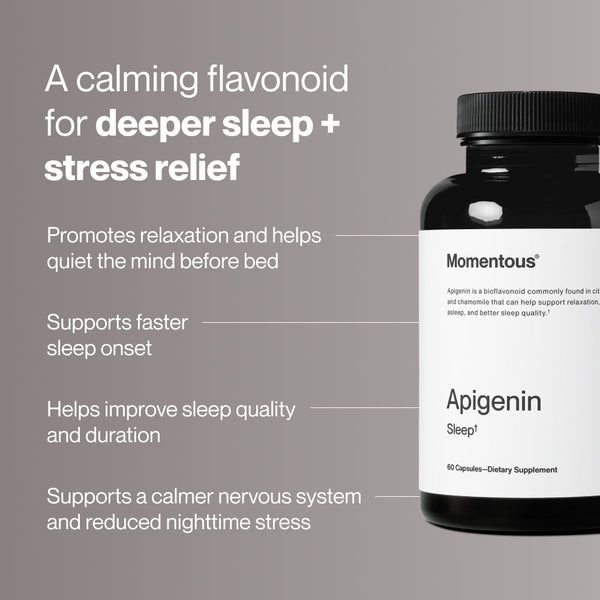 Apigenin dietary supplement bottle with text highlighting benefits for deeper sleep, stress relief, relaxation, faster sleep onset, improved sleep quality, and calmer nervous system.