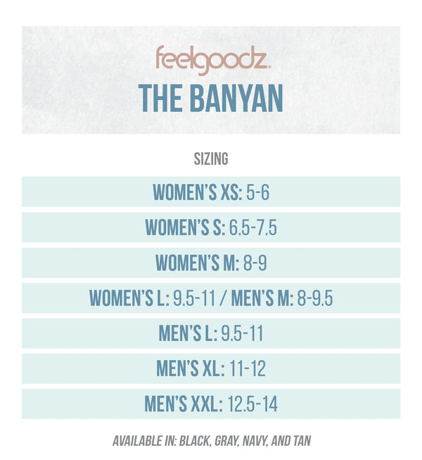 Size chart for Spa/Shower Slide | Feelgoodz showing women's sizes XS to L and men's sizes M to XXL, with available colors including black, gray, navy, and tan.