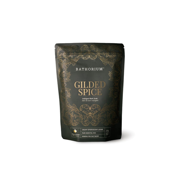 Gilded Spice Limited Edition Bath Soak | Bathorium in an elegant black and gold resealable pouch, designed for a luxurious skincare and wellness soak experience.