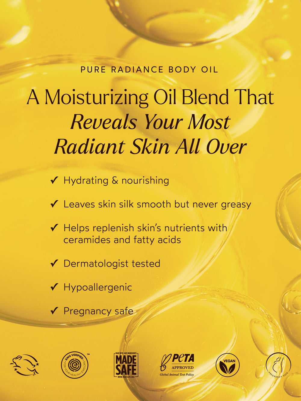 Brown pump bottle of Pure Radiance Body Oil | True Botanicals with golden oil droplets on a white background, highlighting skincare and body care wellness.
