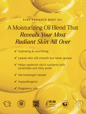 Benefits of Pure Radiance Body Oil | True Botanicals including hydrating, nourishing, silky smooth skin, dermatologist tested, hypoallergenic, and pregnancy safe moisturizing oil blend.