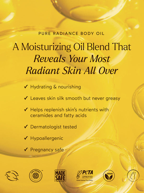 Benefits of Pure Radiance Body Oil | True Botanicals including hydrating, nourishing, silky smooth skin, dermatologist tested, hypoallergenic, and pregnancy safe moisturizing oil blend.
