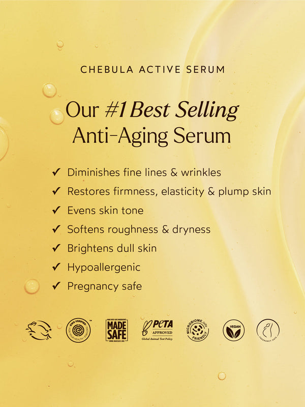 Chebula Active Serum | True Botanicals benefits listed on a soft yellow background highlighting its anti-aging properties such as diminishing wrinkles, restoring firmness, evening skin tone, brightening dull skin, and being hypoallergenic and pregnancy safe.