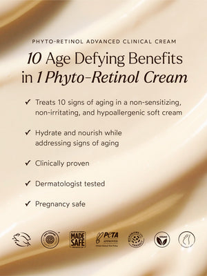 Text listing 10 age-defying benefits of Phyto-Retinol Advanced Clinical Cream | True Botanicals, highlighting it treats signs of aging with a non-irritating, hypoallergenic formula that hydrates, is clinically proven, dermatologist tested, and pregnancy safe, against a soft beige background.
