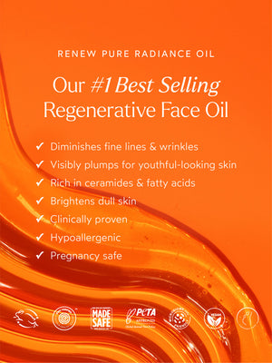 Renew Pure Radiance Oil | True Botanicals promotional image listing benefits such as diminishing fine lines, plumping skin, brightening dull complexion, and being clinically proven, hypoallergenic, and pregnancy safe.