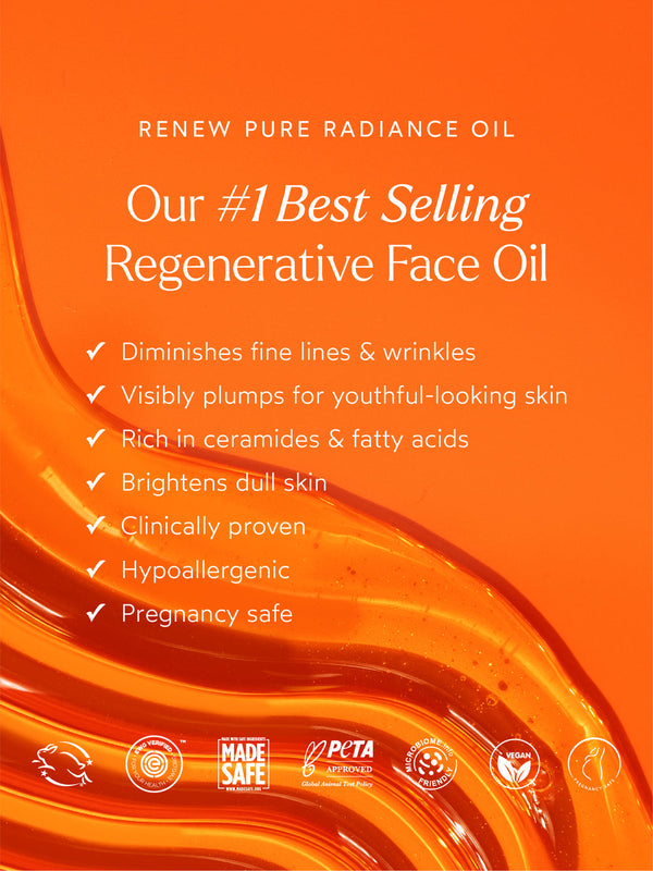 Renew Pure Radiance Oil | True Botanicals promotional image listing benefits such as diminishing fine lines, plumping skin, brightening dull complexion, and being clinically proven, hypoallergenic, and pregnancy safe.