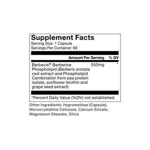 Supplement facts label for Berberine showing serving size, amount per serving, and ingredients including berberine extract standardized to 97% berberine hydrochloride.