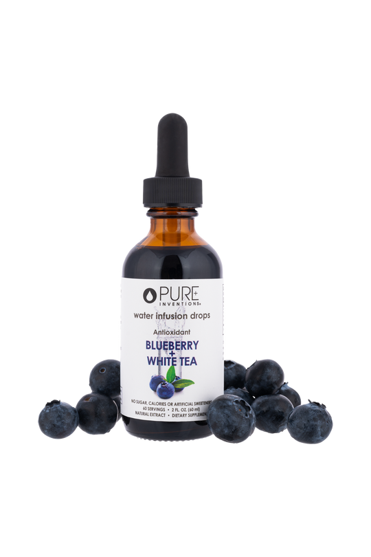Super Fruit Extracts Water Infusion Drops - Blueberry + White Tea | Pure Inventions bottle surrounded by fresh blueberries, highlighting antioxidant wellness supplements.